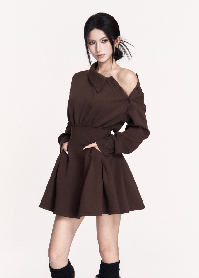 dark off shoulder dress, puffy skirt mini dress, VOCK winter dress, gothic waist slim dress, asymmetrical combat dress, dark femme street style dress, long sleeve off shoulder mini, edgy winter hot girl outfit, structured waist sweatshirt dress, black gothic mini dress, brown dark street dress, punk girl dress, VOCK aesthetic clothing, winter street fashion dress, slim puffy skirt dress, combat chic mini dress