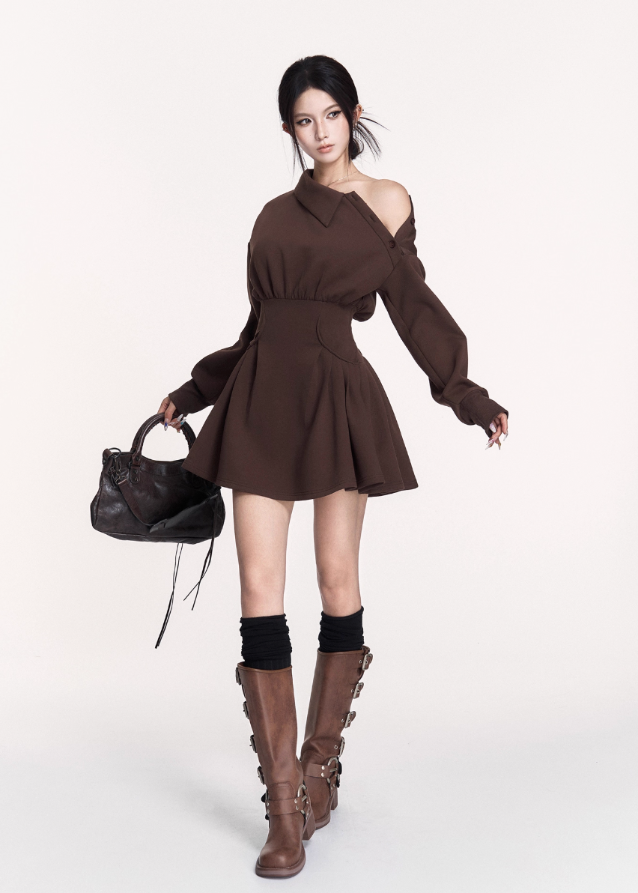 dark off shoulder dress, puffy skirt mini dress, VOCK winter dress, gothic waist slim dress, asymmetrical combat dress, dark femme street style dress, long sleeve off shoulder mini, edgy winter hot girl outfit, structured waist sweatshirt dress, black gothic mini dress, brown dark street dress, punk girl dress, VOCK aesthetic clothing, winter street fashion dress, slim puffy skirt dress, combat chic mini dress