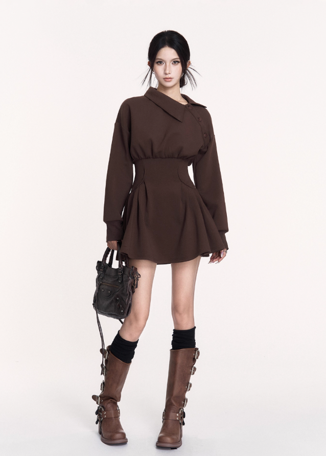 dark off shoulder dress, puffy skirt mini dress, VOCK winter dress, gothic waist slim dress, asymmetrical combat dress, dark femme street style dress, long sleeve off shoulder mini, edgy winter hot girl outfit, structured waist sweatshirt dress, black gothic mini dress, brown dark street dress, punk girl dress, VOCK aesthetic clothing, winter street fashion dress, slim puffy skirt dress, combat chic mini dress