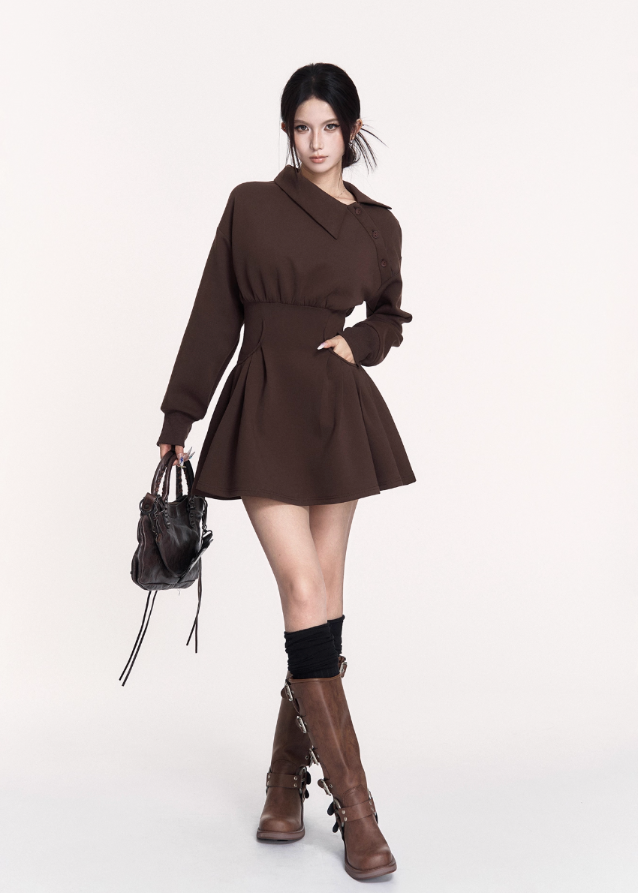 dark off shoulder dress, puffy skirt mini dress, VOCK winter dress, gothic waist slim dress, asymmetrical combat dress, dark femme street style dress, long sleeve off shoulder mini, edgy winter hot girl outfit, structured waist sweatshirt dress, black gothic mini dress, brown dark street dress, punk girl dress, VOCK aesthetic clothing, winter street fashion dress, slim puffy skirt dress, combat chic mini dress