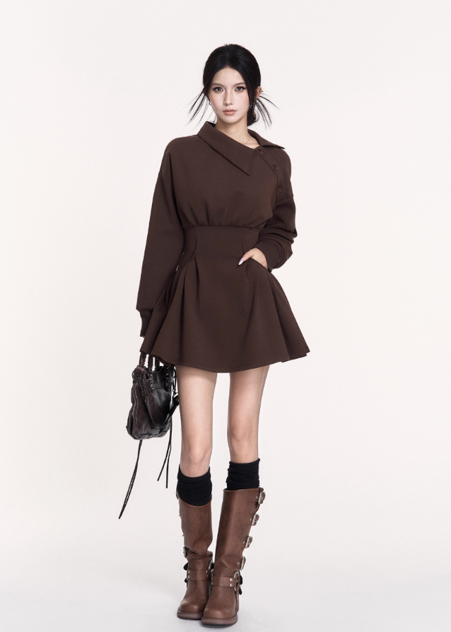 dark off shoulder dress, puffy skirt mini dress, VOCK winter dress, gothic waist slim dress, asymmetrical combat dress, dark femme street style dress, long sleeve off shoulder mini, edgy winter hot girl outfit, structured waist sweatshirt dress, black gothic mini dress, brown dark street dress, punk girl dress, VOCK aesthetic clothing, winter street fashion dress, slim puffy skirt dress, combat chic mini dress