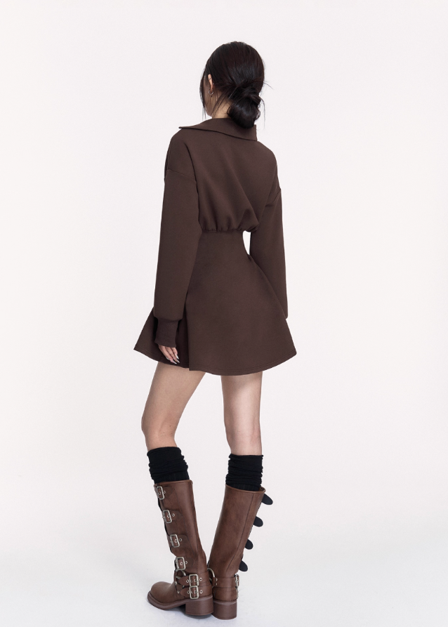 dark off shoulder dress, puffy skirt mini dress, VOCK winter dress, gothic waist slim dress, asymmetrical combat dress, dark femme street style dress, long sleeve off shoulder mini, edgy winter hot girl outfit, structured waist sweatshirt dress, black gothic mini dress, brown dark street dress, punk girl dress, VOCK aesthetic clothing, winter street fashion dress, slim puffy skirt dress, combat chic mini dress