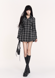 dark plaid dress, backless lace up dress, gothic tartan mini dress, VOCK dark academia style, strappy back shirt dress, slimming waist plaid dress, punk plaid shirt mini, edgy backless plaid outfit, gothic schoolgirl dress, lace back check dress, VOCK aesthetic dress, dark streetwear mini dress, punk girl tartan dress, cutout waist plaid dress, gothic plaid long sleeve dress, dark femme shirt dress, grunge plaid mini
