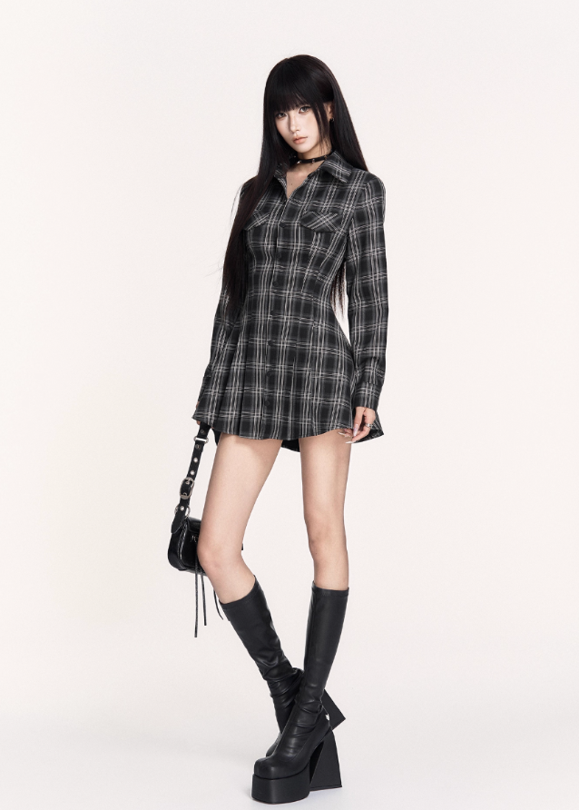 dark plaid dress, backless lace up dress, gothic tartan mini dress, VOCK dark academia style, strappy back shirt dress, slimming waist plaid dress, punk plaid shirt mini, edgy backless plaid outfit, gothic schoolgirl dress, lace back check dress, VOCK aesthetic dress, dark streetwear mini dress, punk girl tartan dress, cutout waist plaid dress, gothic plaid long sleeve dress, dark femme shirt dress, grunge plaid mini