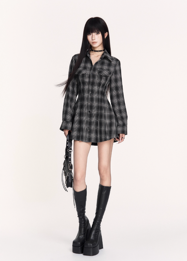 dark plaid dress, backless lace up dress, gothic tartan mini dress, VOCK dark academia style, strappy back shirt dress, slimming waist plaid dress, punk plaid shirt mini, edgy backless plaid outfit, gothic schoolgirl dress, lace back check dress, VOCK aesthetic dress, dark streetwear mini dress, punk girl tartan dress, cutout waist plaid dress, gothic plaid long sleeve dress, dark femme shirt dress, grunge plaid mini