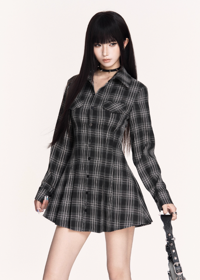 dark plaid dress, backless lace up dress, gothic tartan mini dress, VOCK dark academia style, strappy back shirt dress, slimming waist plaid dress, punk plaid shirt mini, edgy backless plaid outfit, gothic schoolgirl dress, lace back check dress, VOCK aesthetic dress, dark streetwear mini dress, punk girl tartan dress, cutout waist plaid dress, gothic plaid long sleeve dress, dark femme shirt dress, grunge plaid mini