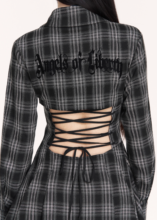 dark plaid dress, backless lace up dress, gothic tartan mini dress, VOCK dark academia style, strappy back shirt dress, slimming waist plaid dress, punk plaid shirt mini, edgy backless plaid outfit, gothic schoolgirl dress, lace back check dress, VOCK aesthetic dress, dark streetwear mini dress, punk girl tartan dress, cutout waist plaid dress, gothic plaid long sleeve dress, dark femme shirt dress, grunge plaid mini