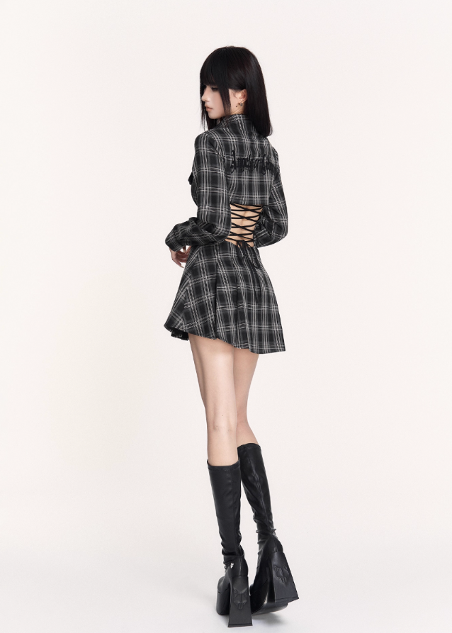 dark plaid dress, backless lace up dress, gothic tartan mini dress, VOCK dark academia style, strappy back shirt dress, slimming waist plaid dress, punk plaid shirt mini, edgy backless plaid outfit, gothic schoolgirl dress, lace back check dress, VOCK aesthetic dress, dark streetwear mini dress, punk girl tartan dress, cutout waist plaid dress, gothic plaid long sleeve dress, dark femme shirt dress, grunge plaid mini