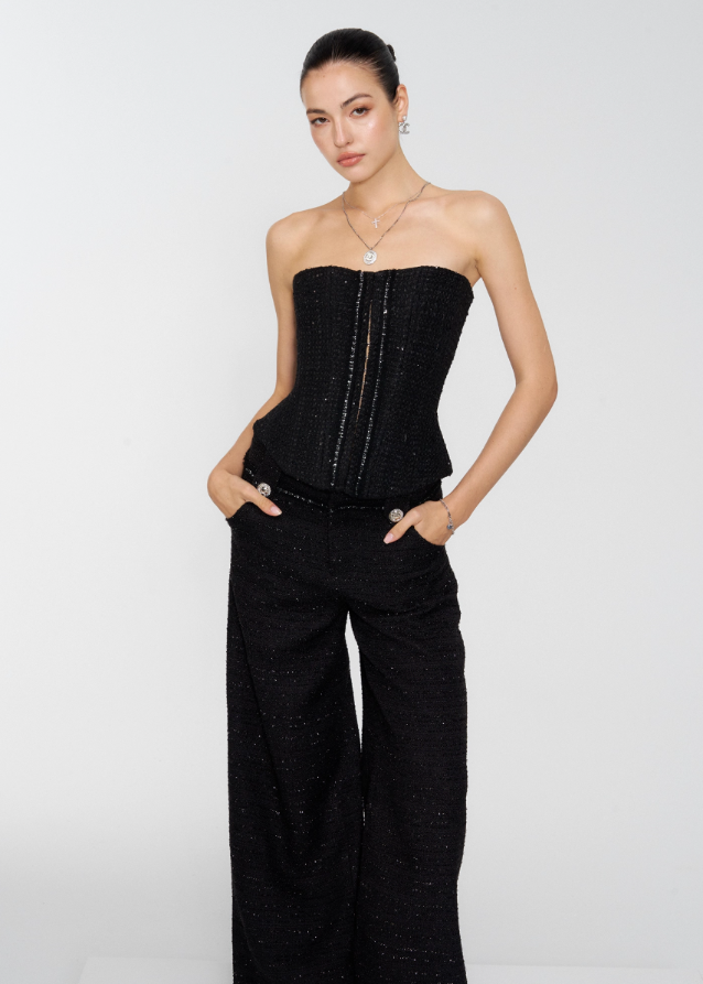 black tweed suit set, 3 piece women’s suit, chic corset and jacket set, French style two-way suit, modern stylish outfit, 4muggle luxury set, slimming high waist pants, urban lady elegant fashion, stylish black trousers suit, French chic wool set, sexy tube top suit, classy corset suit set, fashion city girl look, black moonlight outfit, evening fashion woman