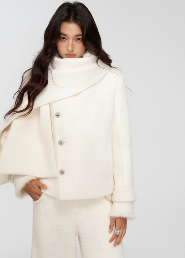 white wool jacket, draped scarf collar coat, 4muggle stylish winter coat, cropped woolen jacket women, elegant white winter top, luxury chic outerwear, autumn winter wool coat, pure white fashion coat, modern scarf neck jacket, classy winter city girl look, refined wool jacket woman, stylish winter outfit, warm chic cropped coat
