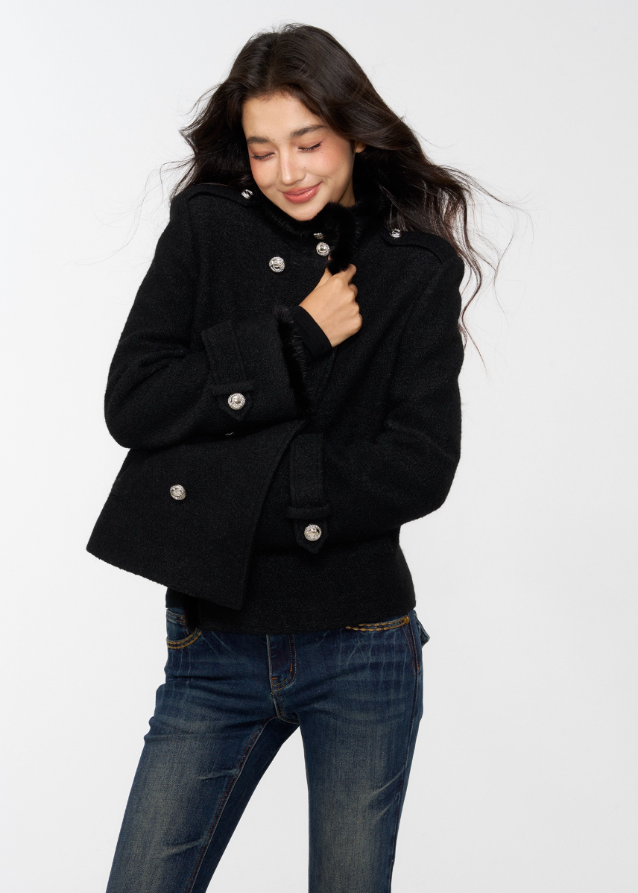 black wool jacket, draped scarf collar coat, cropped winter coat women, 4muggle stylish outerwear, chic black wool top, modern city girl jacket, elegant winter short coat, luxe draped collar wool jacket, autumn winter chic outfit, classy stylish coat black, trendy drape scarf jacket, refined black cropped coat