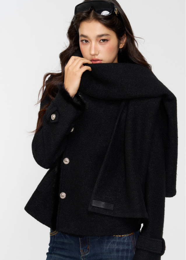 black wool jacket, draped scarf collar coat, cropped winter coat women, 4muggle stylish outerwear, chic black wool top, modern city girl jacket, elegant winter short coat, luxe draped collar wool jacket, autumn winter chic outfit, classy stylish coat black, trendy drape scarf jacket, refined black cropped coat