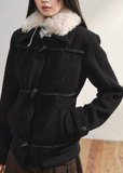 black horn button coat, Korean winter wool jacket, 7Shiftin outerwear, toggle button duffle coat, cozy fleece collar jacket, autumn winter street style, warm stylish wool coat, versatile black jacket women, Korean girl casual winter look, classic toggle coat black, modern chic woolen coat, Seoul street fashion jacket