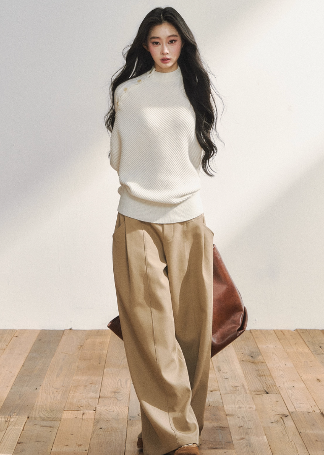 7Shiftin trousers, khaki wide leg pants, Korean loose drape slacks, straight leg suit pants, low-rise tailored trousers, relaxed chic style pants, neutral tone casual pants, modern Korean fashion bottom, wide leg city pants women, stylish draped slacks, senior suit trousers, everyday Korean chic outfit