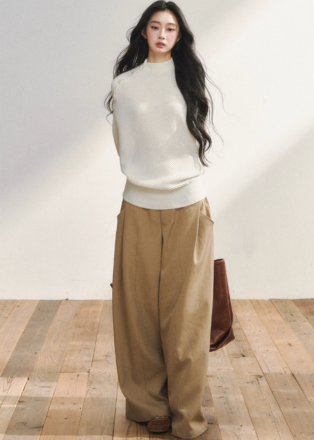 7Shiftin trousers, khaki wide leg pants, Korean loose drape slacks, straight leg suit pants, low-rise tailored trousers, relaxed chic style pants, neutral tone casual pants, modern Korean fashion bottom, wide leg city pants women, stylish draped slacks, senior suit trousers, everyday Korean chic outfit