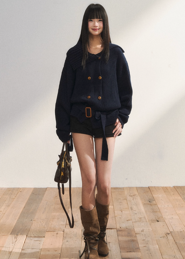 7Shiftin knit jacket, Korean knit jacket, belted knit cardigan, double breasted knit coat, K-fashion top, winter knit outerwear, ribbed knit jacket women, lapel knit sweater, Korean style sweater jacket, trending knit 2025
