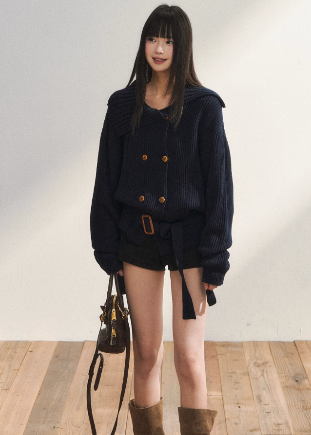 7Shiftin knit jacket, Korean knit jacket, belted knit cardigan, double breasted knit coat, K-fashion top, winter knit outerwear, ribbed knit jacket women, lapel knit sweater, Korean style sweater jacket, trending knit 2025
