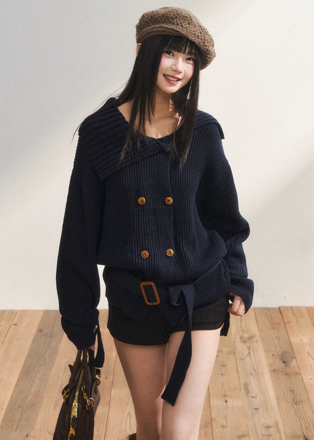 7Shiftin knit jacket, Korean knit jacket, belted knit cardigan, double breasted knit coat, K-fashion top, winter knit outerwear, ribbed knit jacket women, lapel knit sweater, Korean style sweater jacket, trending knit 2025
