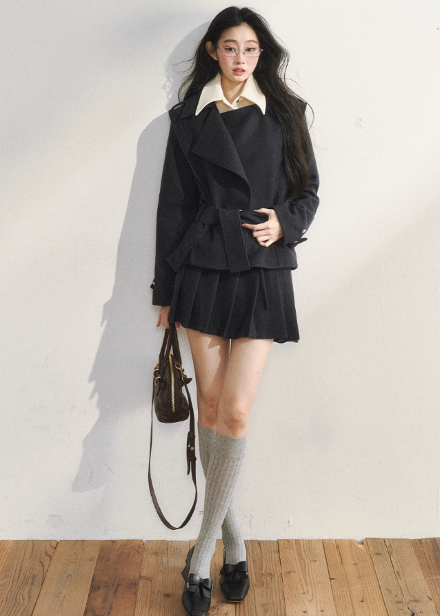 7Shiftin padded suit set, faux two piece set women, Korean style two piece outfit, preppy mini skirt set, K-fashion padded jacket, layered collar jacket set, winter two piece set women, pleated skirt suit set, Korean college look, high street style outfit
