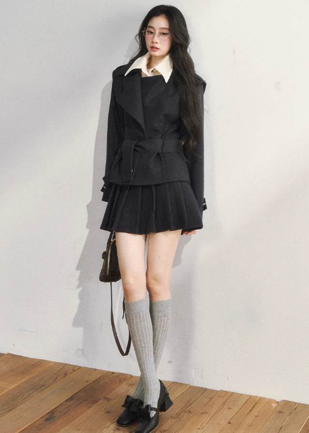 7Shiftin padded suit set, faux two piece set women, Korean style two piece outfit, preppy mini skirt set, K-fashion padded jacket, layered collar jacket set, winter two piece set women, pleated skirt suit set, Korean college look, high street style outfit
