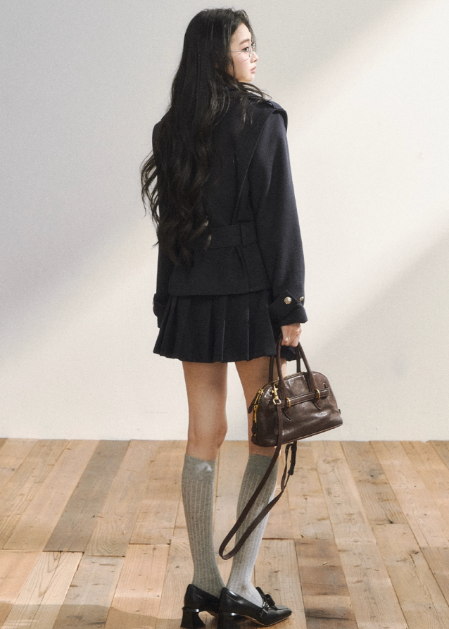 7Shiftin padded suit set, faux two piece set women, Korean style two piece outfit, preppy mini skirt set, K-fashion padded jacket, layered collar jacket set, winter two piece set women, pleated skirt suit set, Korean college look, high street style outfit
