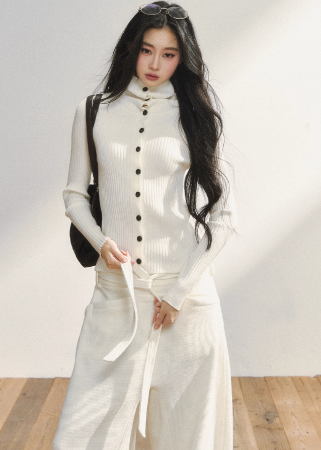 retro button knit top, high neck ribbed top, slim fit knit shirt, vintage button cardigan, Korean style knit top, ribbed knit long sleeve women, minimalist knit top, winter slim knit, soft ribbed cardigan, trendy Korean fashion top
