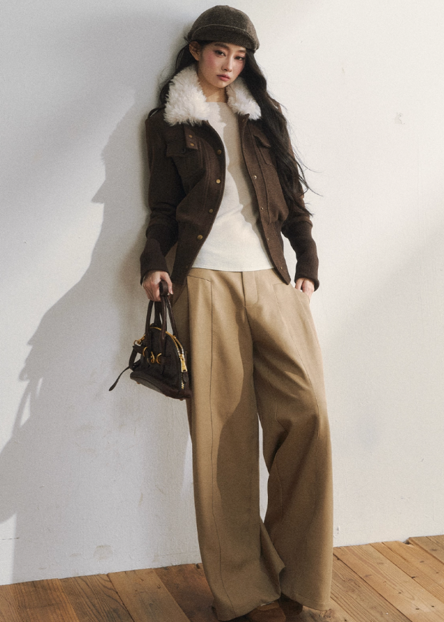 retro wool jacket women, slim fit woolen jacket, vintage brown wool coat, Korean fashion wool jacket, structured wool blazer women, winter wool jacket women, retro button wool top, slim silhouette wool coat, brown woolen outerwear, high-end Korean style jacket
