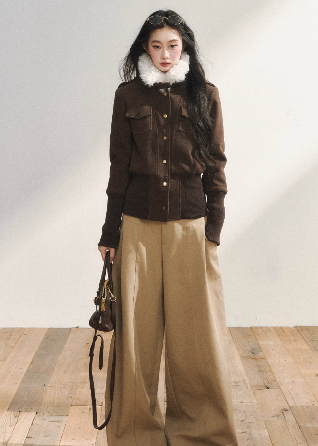 retro wool jacket women, slim fit woolen jacket, vintage brown wool coat, Korean fashion wool jacket, structured wool blazer women, winter wool jacket women, retro button wool top, slim silhouette wool coat, brown woolen outerwear, high-end Korean style jacket
