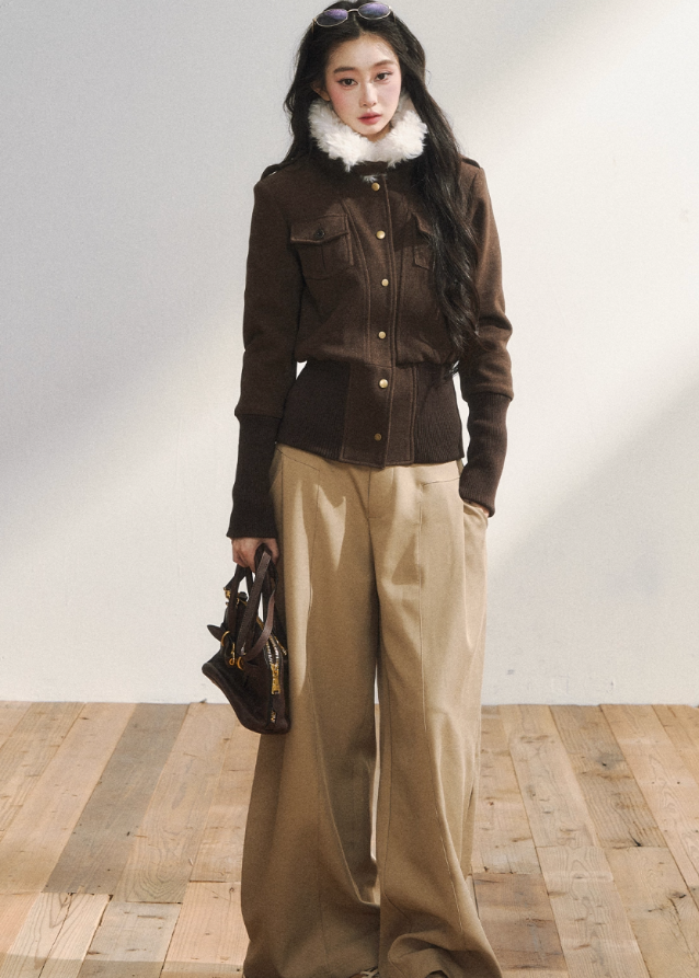 retro wool jacket women, slim fit woolen jacket, vintage brown wool coat, Korean fashion wool jacket, structured wool blazer women, winter wool jacket women, retro button wool top, slim silhouette wool coat, brown woolen outerwear, high-end Korean style jacket
