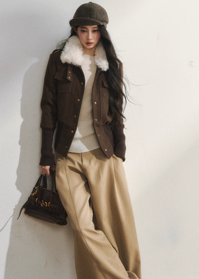 retro wool jacket women, slim fit woolen jacket, vintage brown wool coat, Korean fashion wool jacket, structured wool blazer women, winter wool jacket women, retro button wool top, slim silhouette wool coat, brown woolen outerwear, high-end Korean style jacket
