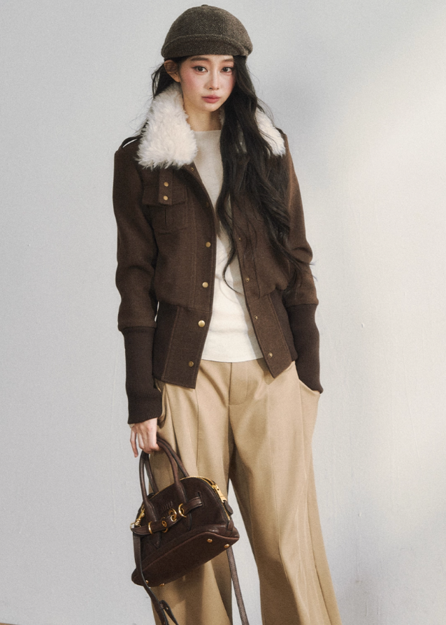 retro wool jacket women, slim fit woolen jacket, vintage brown wool coat, Korean fashion wool jacket, structured wool blazer women, winter wool jacket women, retro button wool top, slim silhouette wool coat, brown woolen outerwear, high-end Korean style jacket
