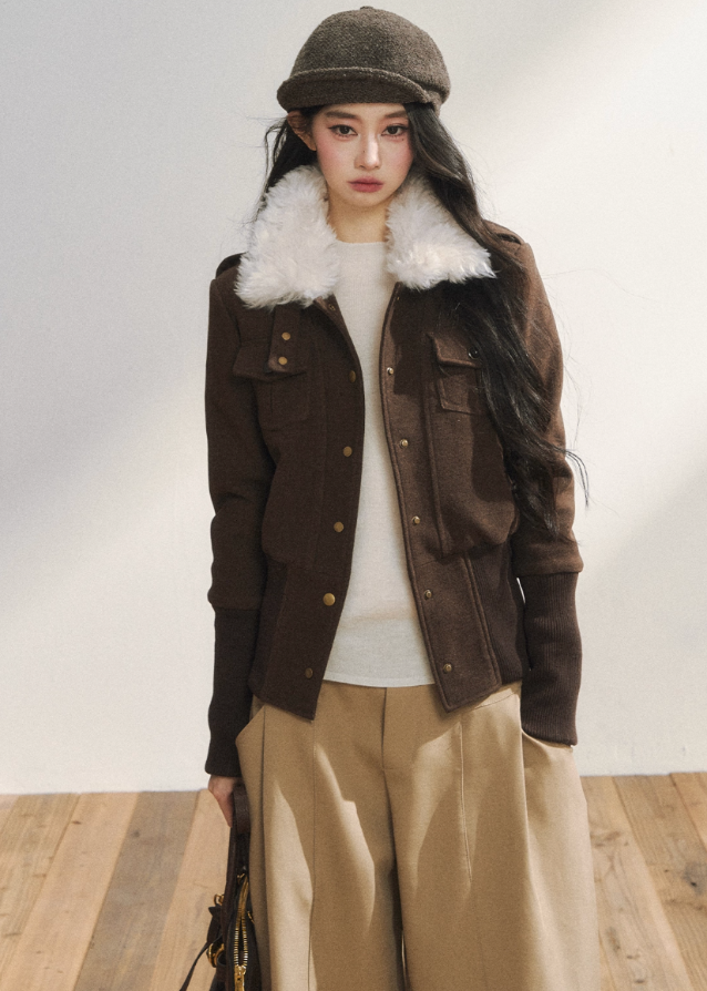 retro wool jacket women, slim fit woolen jacket, vintage brown wool coat, Korean fashion wool jacket, structured wool blazer women, winter wool jacket women, retro button wool top, slim silhouette wool coat, brown woolen outerwear, high-end Korean style jacket
