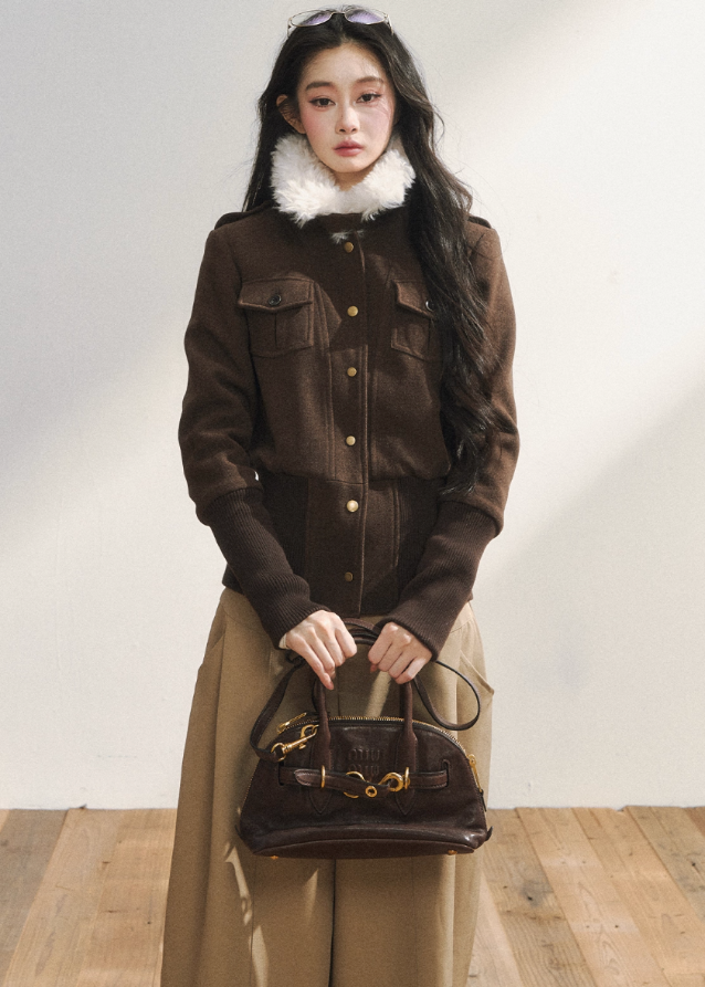 retro wool jacket women, slim fit woolen jacket, vintage brown wool coat, Korean fashion wool jacket, structured wool blazer women, winter wool jacket women, retro button wool top, slim silhouette wool coat, brown woolen outerwear, high-end Korean style jacket
