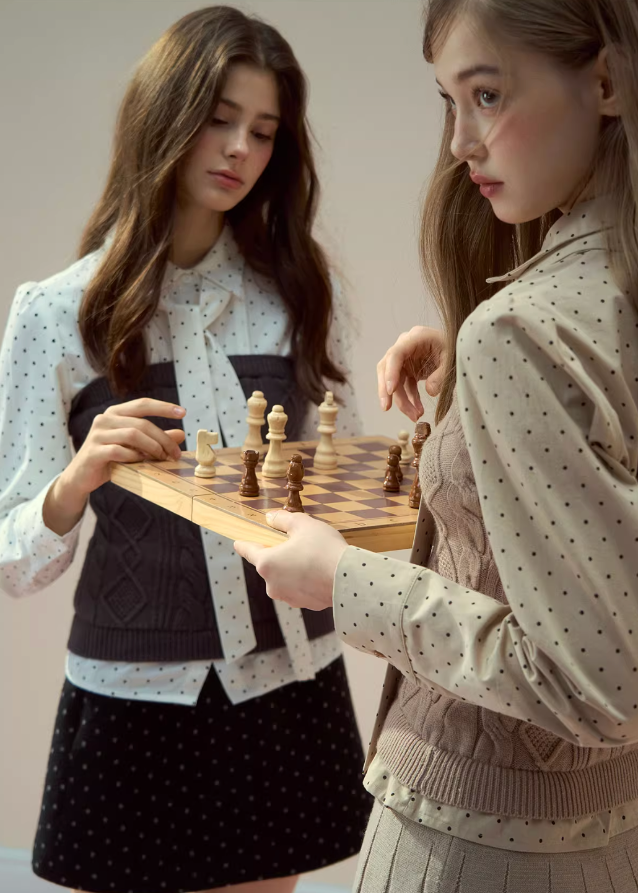 polka dot bow tie blouse, Korean pleated skirt set, ribbon collar top and skirt, K fashion two piece outfit, cute dot blouse women, winter pleated mini skirt set, layered patchwork blouse, feminine Korean outfit, school style skirt set, dot print ribbon blouse
