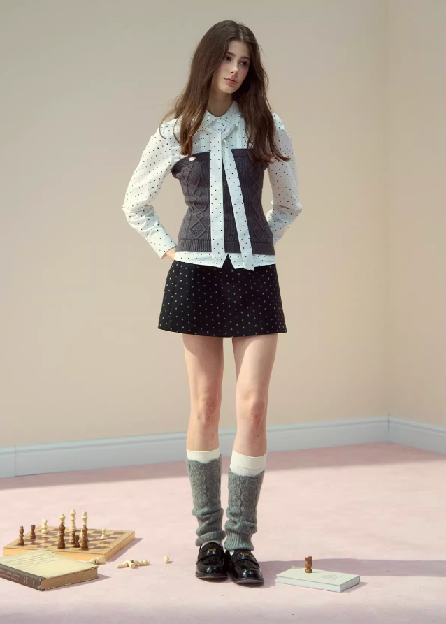 polka dot bow tie blouse, Korean pleated skirt set, ribbon collar top and skirt, K fashion two piece outfit, cute dot blouse women, winter pleated mini skirt set, layered patchwork blouse, feminine Korean outfit, school style skirt set, dot print ribbon blouse
