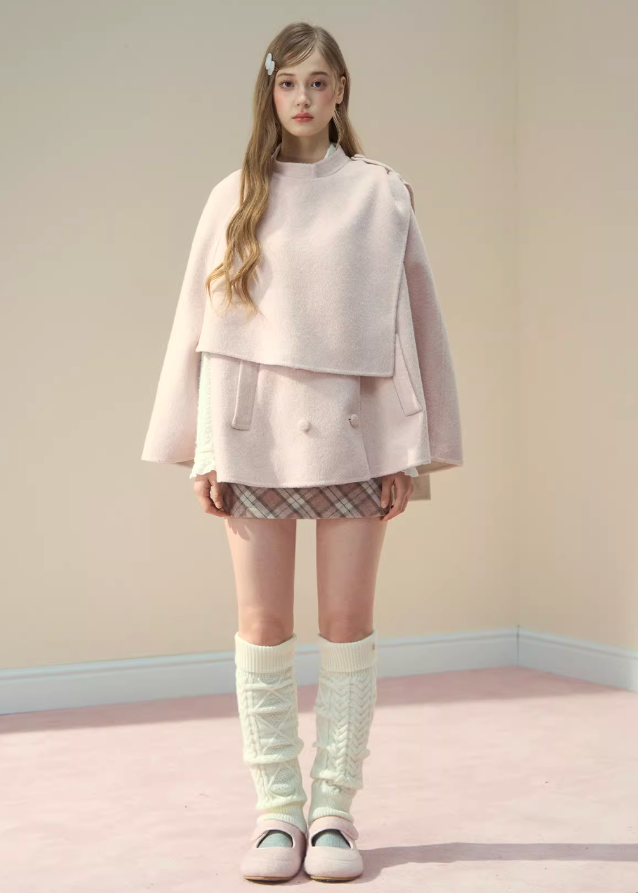 pink wool cape coat, reversible cloak jacket, fairy tale wool coat, Korean style cape coat, 70% wool pink jacket, soft girl winter coat, pastel cloak coat women, feminine wool outerwear, Korean reversible coat, winter cape jacket women
