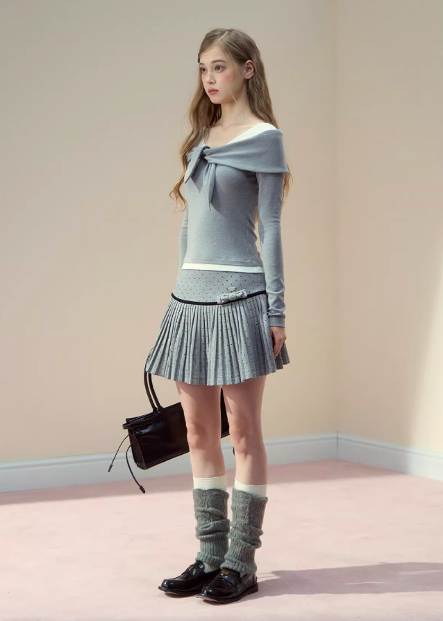 SunsetPark layered T-shirt, fake two piece modal tee, soft modal long sleeve, cozy Korean daily top, AW warm layering shirt, feminine soft casual tee, grey navy layered top, comfy winter modal shirt, Korean fashion basic long sleeve, soft-touch modal knit top, everyday cozy outfit top