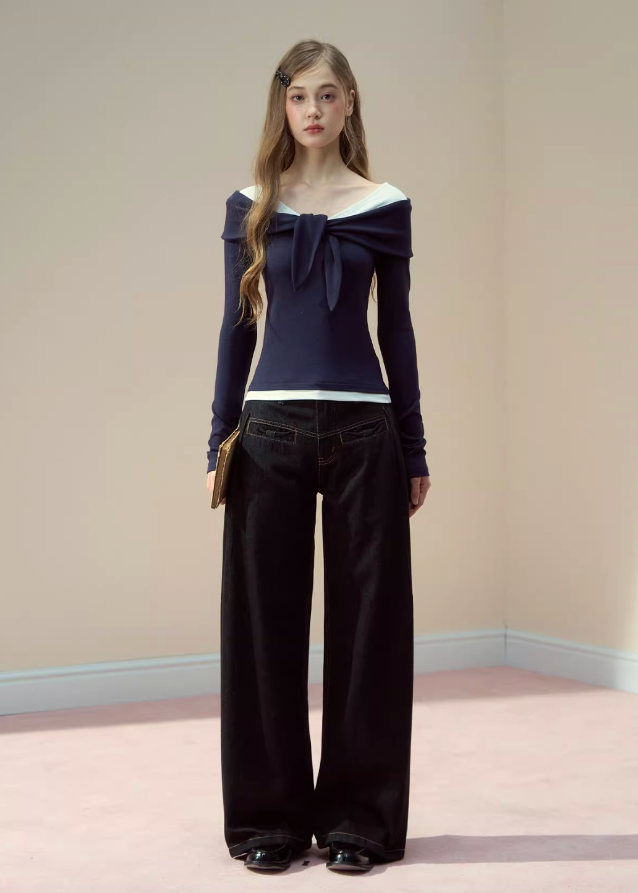 SunsetPark layered T-shirt, fake two piece modal tee, soft modal long sleeve, cozy Korean daily top, AW warm layering shirt, feminine soft casual tee, grey navy layered top, comfy winter modal shirt, Korean fashion basic long sleeve, soft-touch modal knit top, everyday cozy outfit top