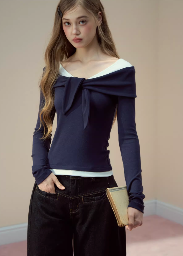 SunsetPark layered T-shirt, fake two piece modal tee, soft modal long sleeve, cozy Korean daily top, AW warm layering shirt, feminine soft casual tee, grey navy layered top, comfy winter modal shirt, Korean fashion basic long sleeve, soft-touch modal knit top, everyday cozy outfit top