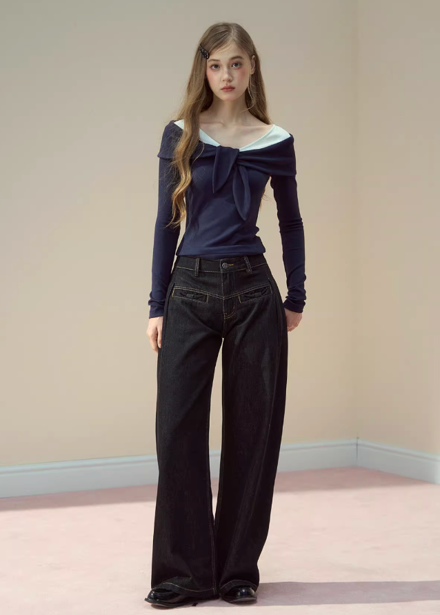 SunsetPark layered T-shirt, fake two piece modal tee, soft modal long sleeve, cozy Korean daily top, AW warm layering shirt, feminine soft casual tee, grey navy layered top, comfy winter modal shirt, Korean fashion basic long sleeve, soft-touch modal knit top, everyday cozy outfit top