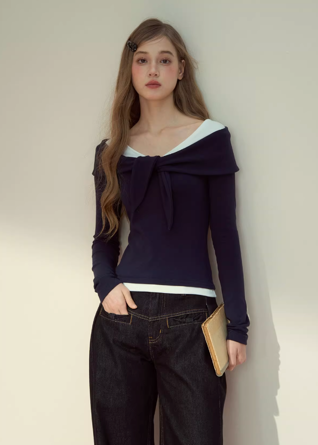 SunsetPark layered T-shirt, fake two piece modal tee, soft modal long sleeve, cozy Korean daily top, AW warm layering shirt, feminine soft casual tee, grey navy layered top, comfy winter modal shirt, Korean fashion basic long sleeve, soft-touch modal knit top, everyday cozy outfit top