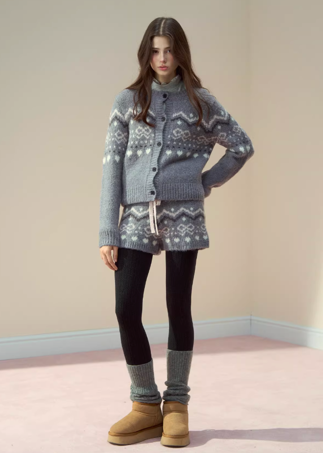SunsetPark knit set, fair isle cardigan, cozy winter knit outfit, soft girly knitwear, warm scarf and shorts set, feminine winter fashion, cute Korean knit set, fair isle patterned jacket, winter cozy three-piece, fairy tale knitwear, pastel knit outfit, warm wool blend cardigan, AW Korean cute style, Christmas fair isle knit set