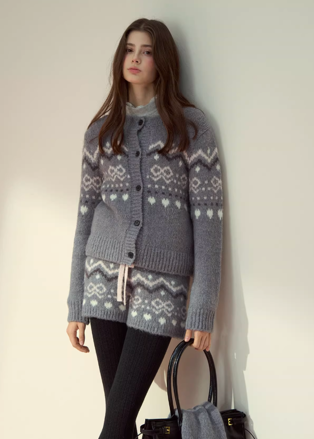 SunsetPark knit set, fair isle cardigan, cozy winter knit outfit, soft girly knitwear, warm scarf and shorts set, feminine winter fashion, cute Korean knit set, fair isle patterned jacket, winter cozy three-piece, fairy tale knitwear, pastel knit outfit, warm wool blend cardigan, AW Korean cute style, Christmas fair isle knit set