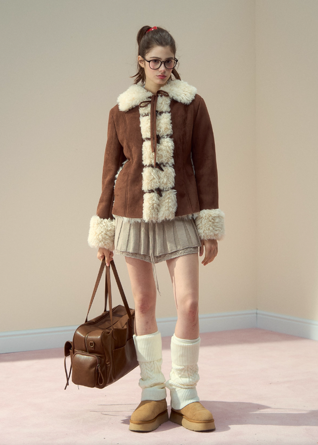 SunsetPark winter jacket, vintage suede fur coat, fuzzy horn button jacket, eco fur lapel coat, cozy winter suede jacket, feminine retro outerwear, Korean girly winter look, warm fuzzy lapel top, brown suede fur coat, ivory suede fur jacket, cute winter fashion, soft warm fleece jacket, AW Korean cozy outerwear