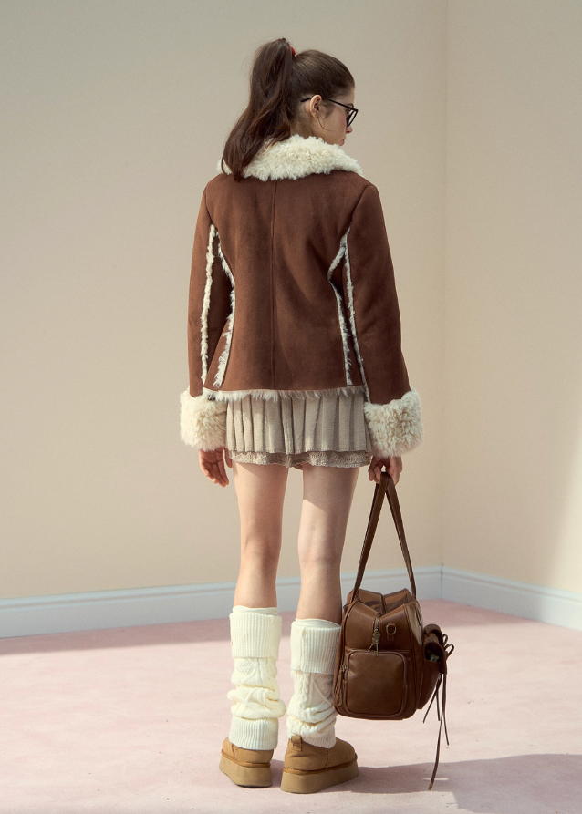 SunsetPark winter jacket, vintage suede fur coat, fuzzy horn button jacket, eco fur lapel coat, cozy winter suede jacket, feminine retro outerwear, Korean girly winter look, warm fuzzy lapel top, brown suede fur coat, ivory suede fur jacket, cute winter fashion, soft warm fleece jacket, AW Korean cozy outerwear