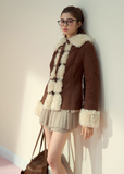 SunsetPark winter jacket, vintage suede fur coat, fuzzy horn button jacket, eco fur lapel coat, cozy winter suede jacket, feminine retro outerwear, Korean girly winter look, warm fuzzy lapel top, brown suede fur coat, ivory suede fur jacket, cute winter fashion, soft warm fleece jacket, AW Korean cozy outerwear