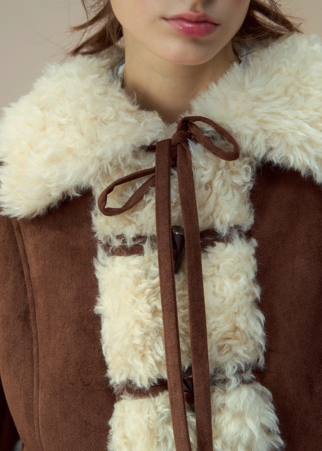 SunsetPark winter jacket, vintage suede fur coat, fuzzy horn button jacket, eco fur lapel coat, cozy winter suede jacket, feminine retro outerwear, Korean girly winter look, warm fuzzy lapel top, brown suede fur coat, ivory suede fur jacket, cute winter fashion, soft warm fleece jacket, AW Korean cozy outerwear