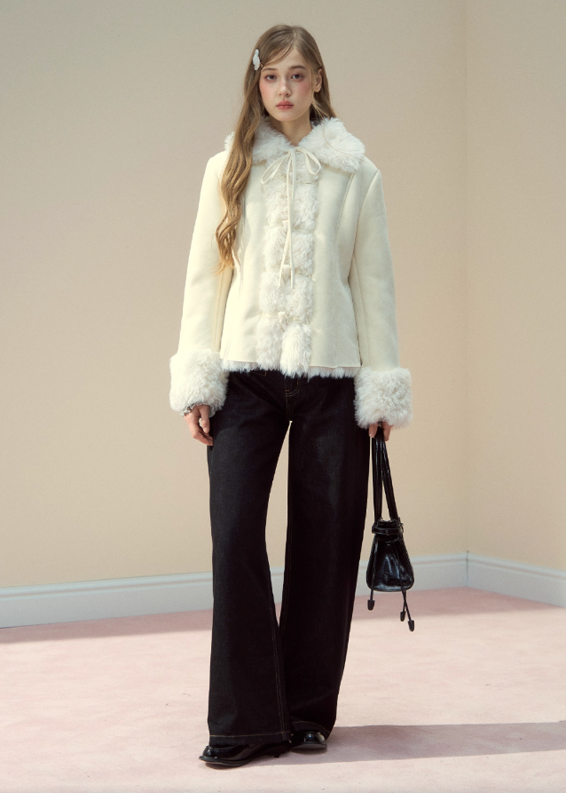 SunsetPark winter jacket, vintage suede fur coat, fuzzy horn button jacket, eco fur lapel coat, cozy winter suede jacket, feminine retro outerwear, Korean girly winter look, warm fuzzy lapel top, brown suede fur coat, ivory suede fur jacket, cute winter fashion, soft warm fleece jacket, AW Korean cozy outerwear