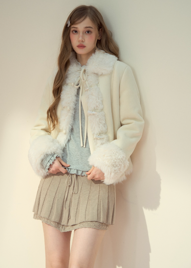 SunsetPark winter jacket, vintage suede fur coat, fuzzy horn button jacket, eco fur lapel coat, cozy winter suede jacket, feminine retro outerwear, Korean girly winter look, warm fuzzy lapel top, brown suede fur coat, ivory suede fur jacket, cute winter fashion, soft warm fleece jacket, AW Korean cozy outerwear