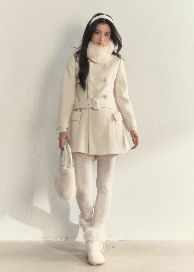 SunsetPark winter coat, double breasted wool coat, vintage lady coat, soft belted mid-length coat, furry collar winter jacket, elegant Korean winter outfit, feminine warm wool coat, cozy romantic winter style, ivory vintage coat, black vintage winter coat, soft lady coat, dreamy winter fashion, gentle warm belted coat, retro princess coat, AW Korean chic coat